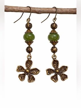 Green Stone Boho Earrings | Bronze Floral Dangle | Nature Inspired